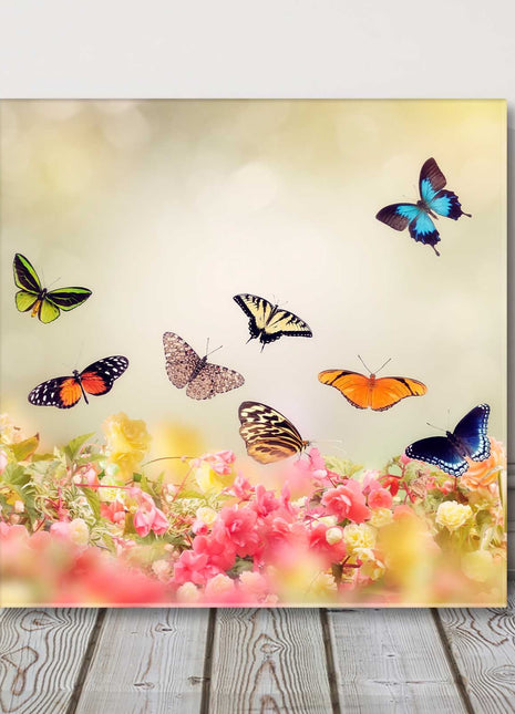 Butterflies and flowers, colourful canvas picture print. Bright wall art.