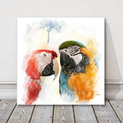 Two parrots in watercolourstyle painting paint runs canvas picture print square