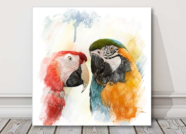 Two parrots in watercolourstyle painting paint runs canvas picture print square