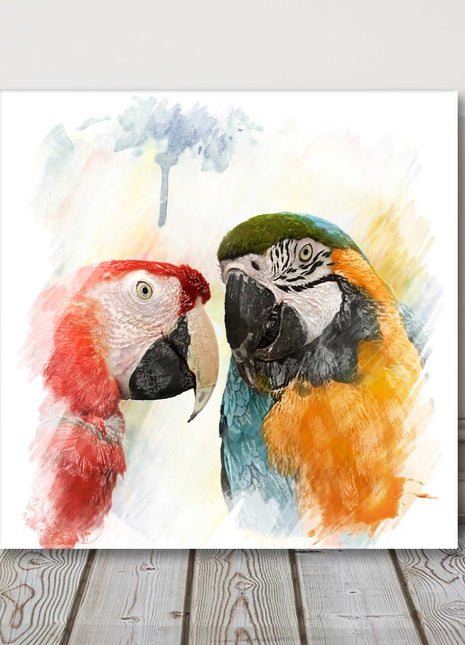 Two parrots in watercolourstyle painting paint runs canvas picture print square