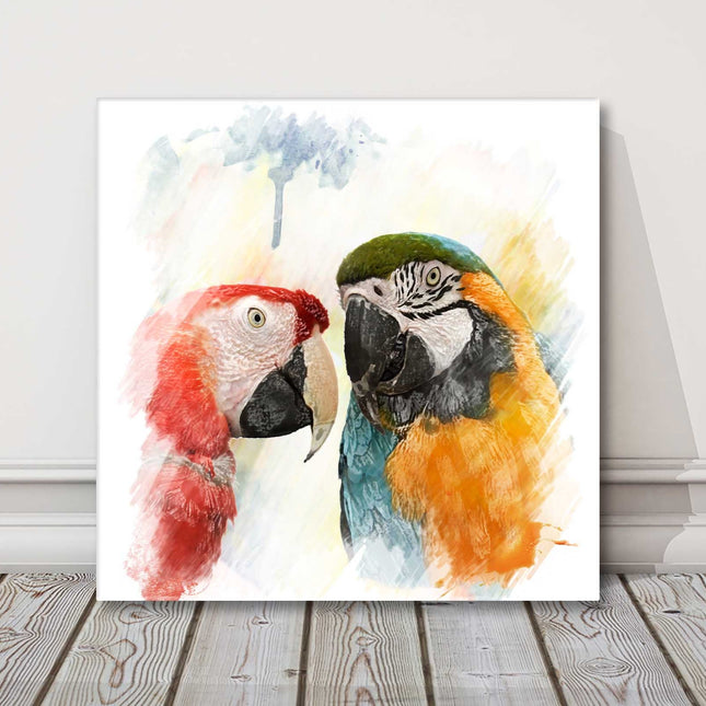 Two parrots in watercolourstyle painting paint runs canvas picture print square
