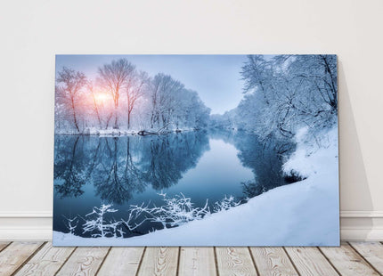 Snowy Winter scene frosty trees and sunset canvas picture print frozen lake
