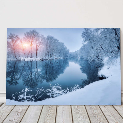 Snowy Winter scene frosty trees and sunset canvas picture print frozen lake