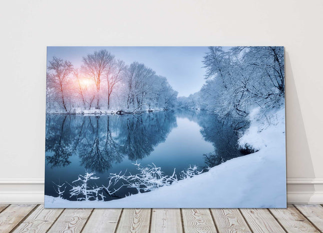 Snowy Winter scene frosty trees and sunset canvas picture print frozen lake
