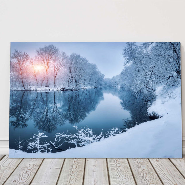Snowy Winter scene frosty trees and sunset canvas picture print frozen lake