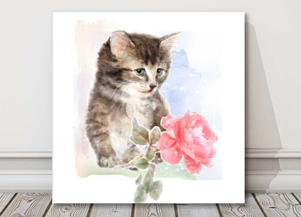 Cute tabby kitten painting in a window canvas picture print