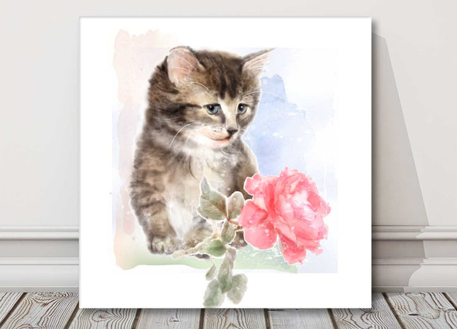 Cute tabby kitten painting in a window canvas picture print