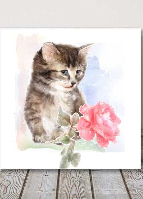 Cute tabby kitten painting in a window canvas picture print