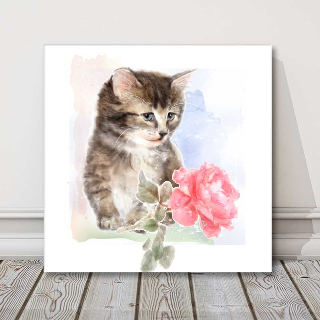 Cute tabby kitten painting in a window canvas picture print