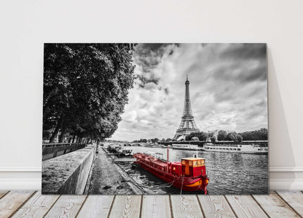 Paris scenery. Black and white with red river boat. Canvas picture print.