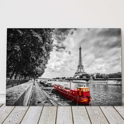 Paris scenery. Black and white with red river boat. Canvas picture print.