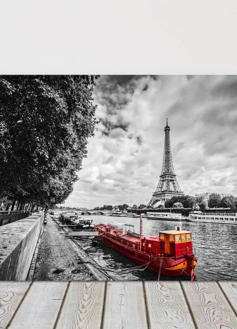 Paris scenery. Black and white with red river boat. Canvas picture print.