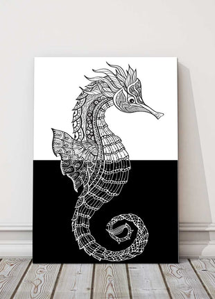 Seahorse, pattern form. Black and white. Canvas picture print.