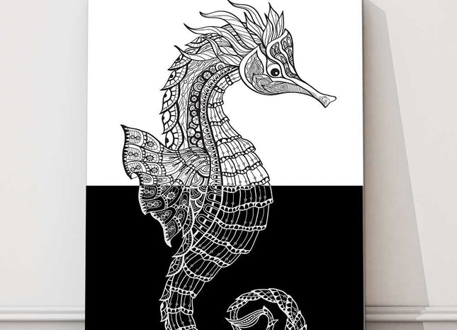 Seahorse, pattern form. Black and white. Canvas picture print.