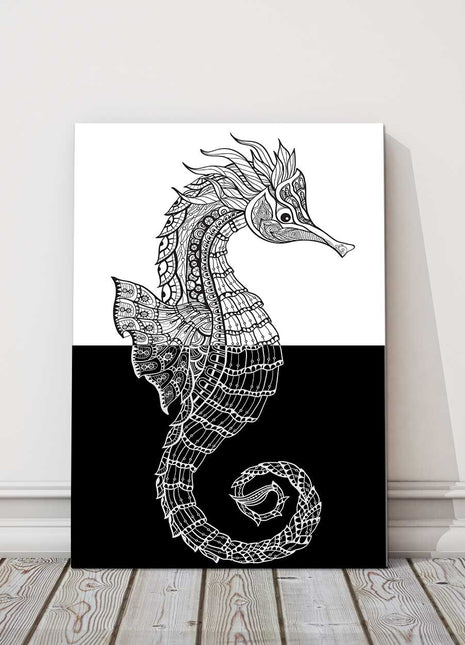 Seahorse, pattern form. Black and white. Canvas picture print.