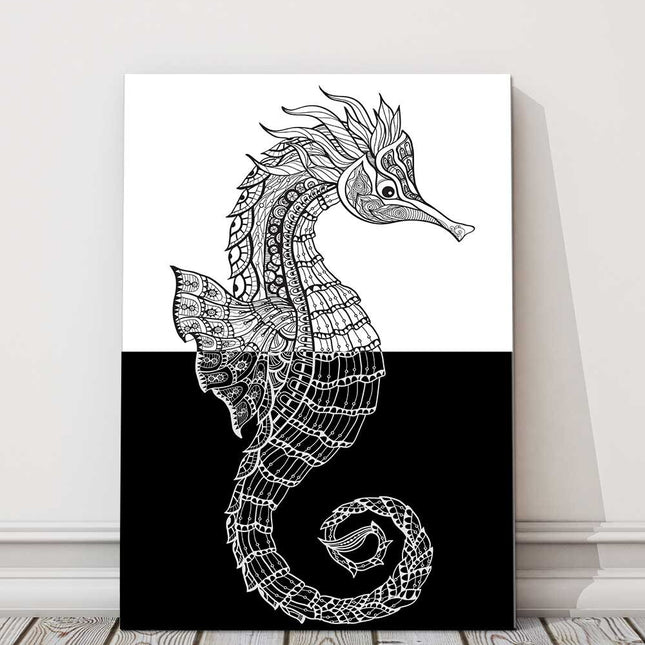 Seahorse, pattern form. Black and white. Canvas picture print.