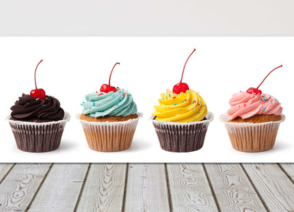 Cupcakes, panoramic canvas picture print pictured on a white background.