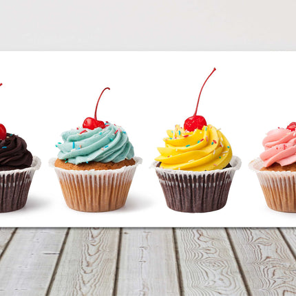 Cupcakes, panoramic canvas picture print pictured on a white background.