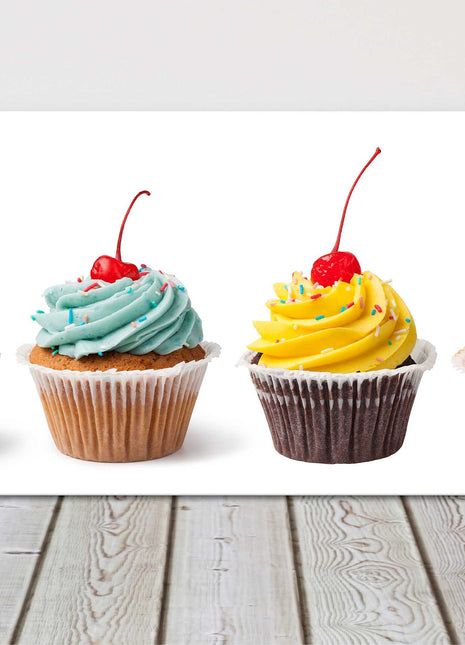 Cupcakes, panoramic canvas picture print pictured on a white background.