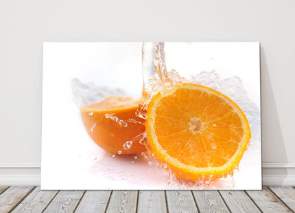 Juicy Orange, splashing on white background. Printed canvas picture print.