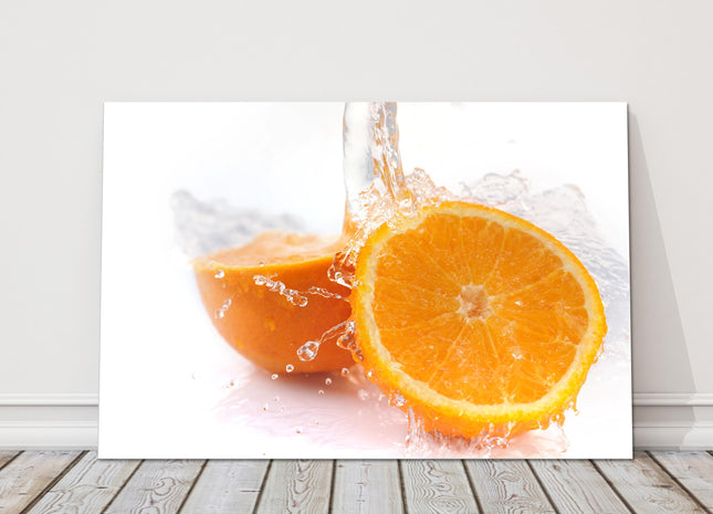 Juicy Orange, splashing on white background. Printed canvas picture print.