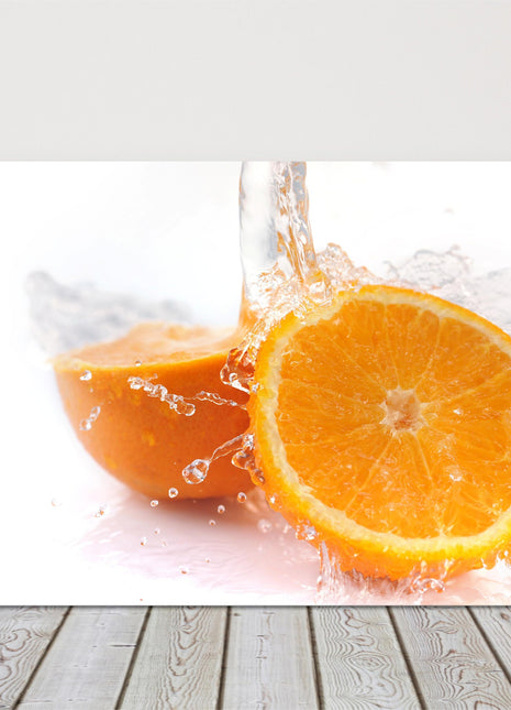 Juicy Orange, splashing on white background. Printed canvas picture print.
