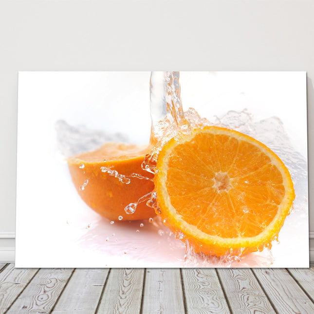 Juicy Orange, splashing on white background. Printed canvas picture print.