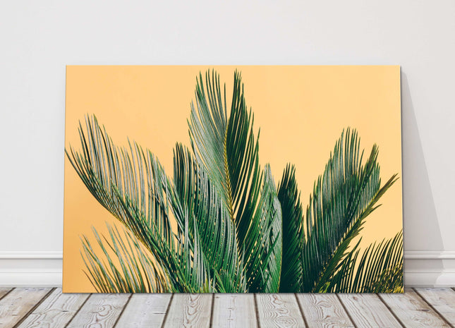 Tropical palm tree on a yellow background. Canvas picture print. Modern art