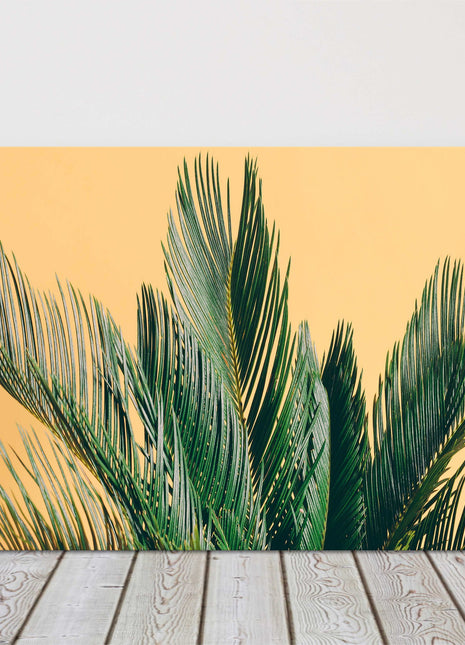 Tropical palm tree on a yellow background. Canvas picture print. Modern art