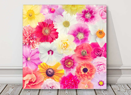 Colourful print of flower heads. Image printed and finished as a canvas picture. A choice of sizes available Wall Art.
