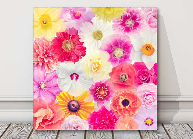 Colourful print of flower heads. Image printed and finished as a canvas picture. A choice of sizes available Wall Art.