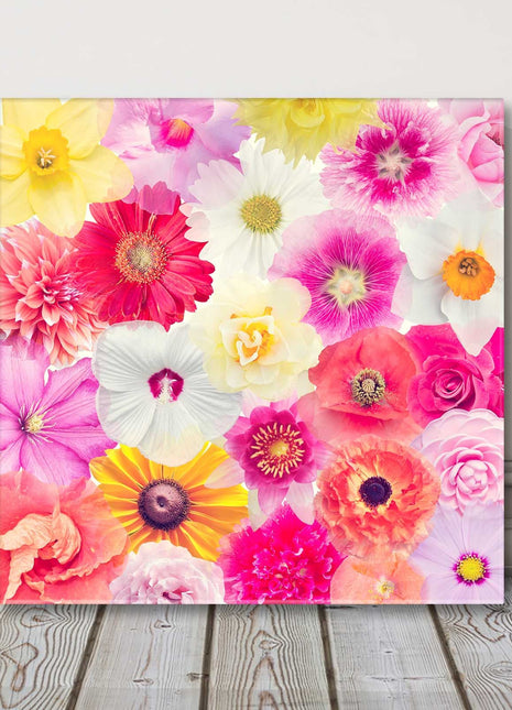 Colourful print of flower heads. Image printed and finished as a canvas picture. A choice of sizes available Wall Art.