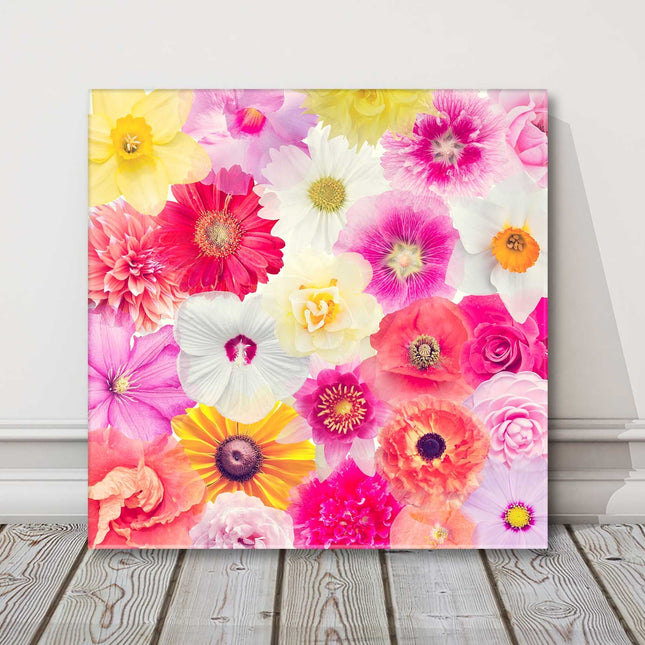 Colourful print of flower heads. Image printed and finished as a canvas picture. A choice of sizes available Wall Art.