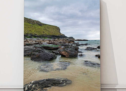 Rugged Cornish coastline. Canvas picture print portrait rock sand and sea