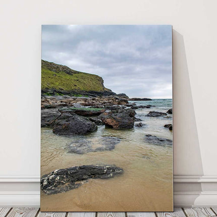 Rugged Cornish coastline. Canvas picture print portrait rock sand and sea