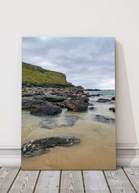Rugged Cornish coastline. Canvas picture print portrait rock sand and sea