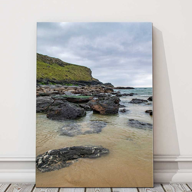 Rugged Cornish coastline. Canvas picture print portrait rock sand and sea