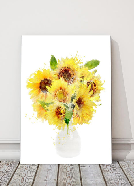 Bright Sunflowers in a vase. Printed and framed as a canvas picture. Ideal gift.