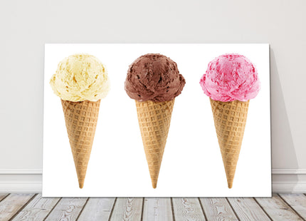 Ice creams. Vanilla, Chocolate and Strawberry, printed canvas picture print.