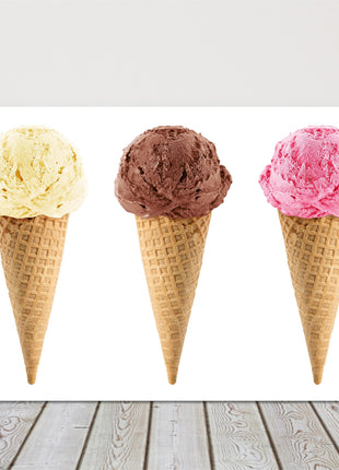 Ice creams. Vanilla, Chocolate and Strawberry, printed canvas picture print.