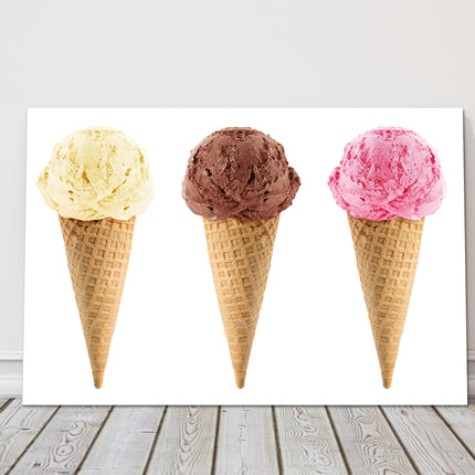 Ice creams. Vanilla, Chocolate and Strawberry, printed canvas picture print.