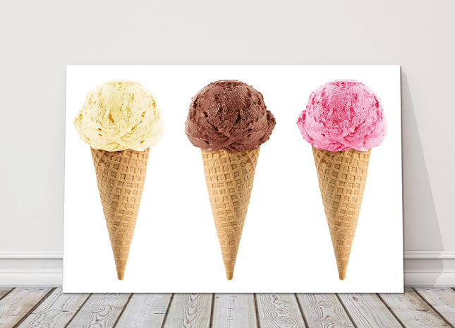 Ice creams. Vanilla, Chocolate and Strawberry, printed canvas picture print.