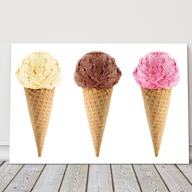 Ice creams. Vanilla, Chocolate and Strawberry, printed canvas picture print.