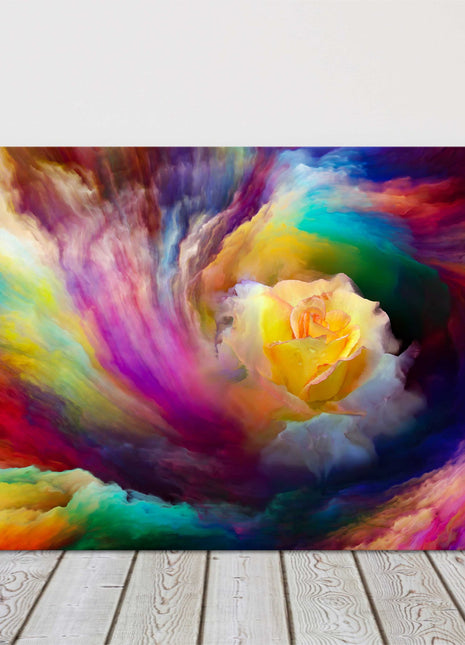 rose in bright colourful paint swirls. Modern wall art. Canvas picture print