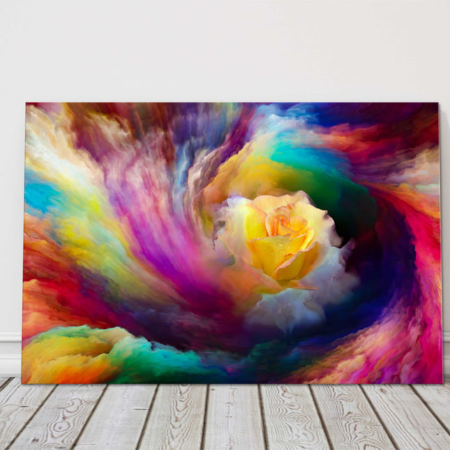 rose in bright colourful paint swirls. Modern wall art. Canvas picture print