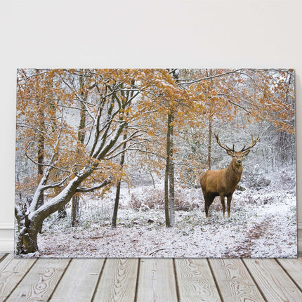 Winter scene with Stag in a snow covered forest. Printed canvas picture.