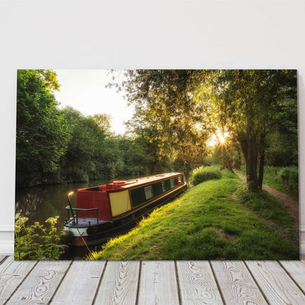 Barge on the canal at sunrise. Canvas picture print