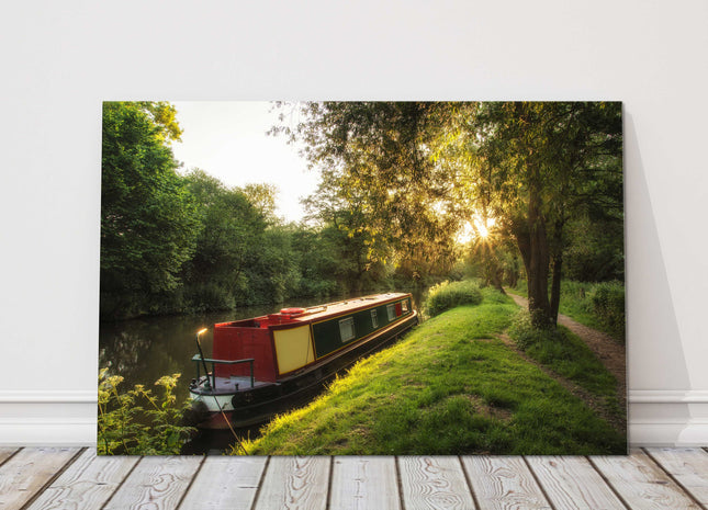 Barge on the canal at sunrise. Canvas picture print