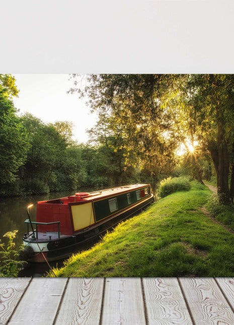 Barge on the canal at sunrise. Canvas picture print