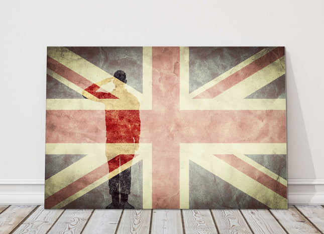 Silhouette of soldier Union Jack Printed and framed as a canvas picture print